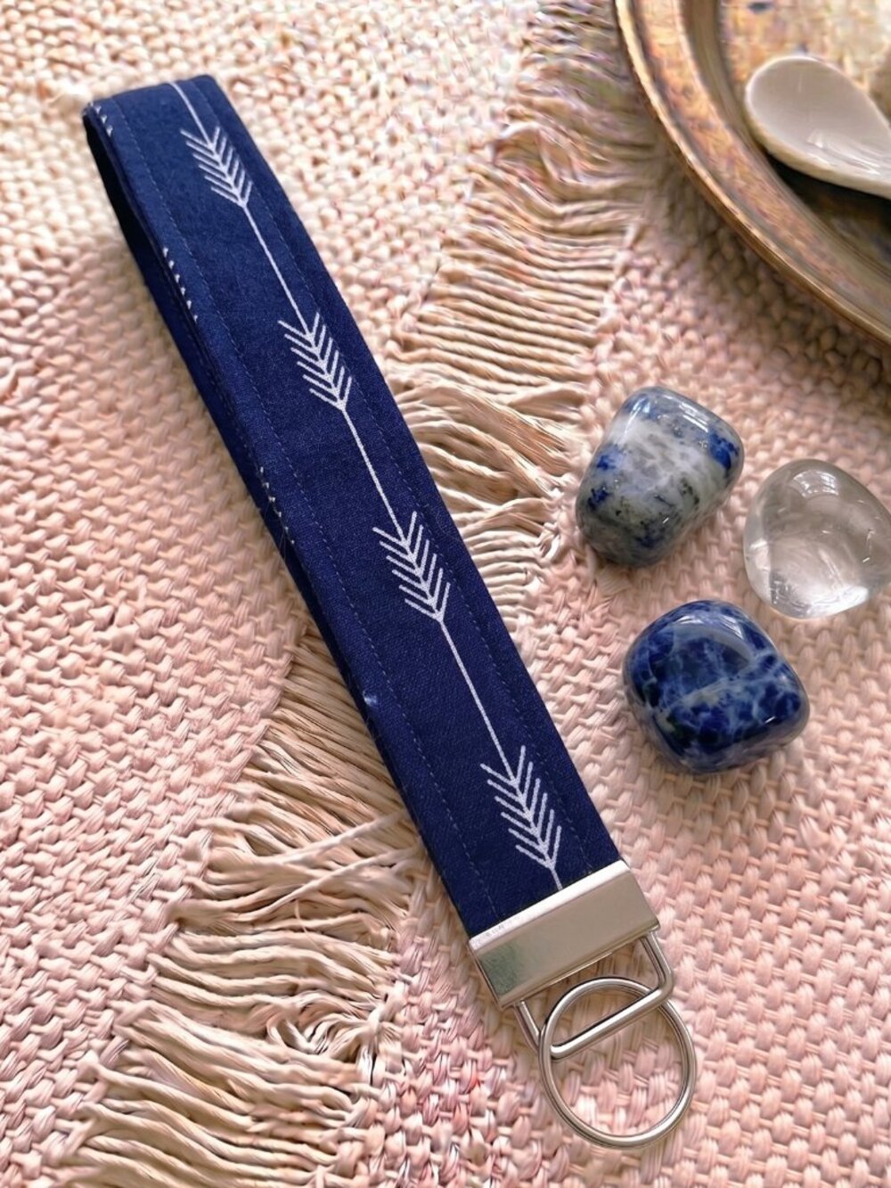 New Handmade Navy Blue White Arrow Geometric Fabric Key Fob Wristlet Keychain
